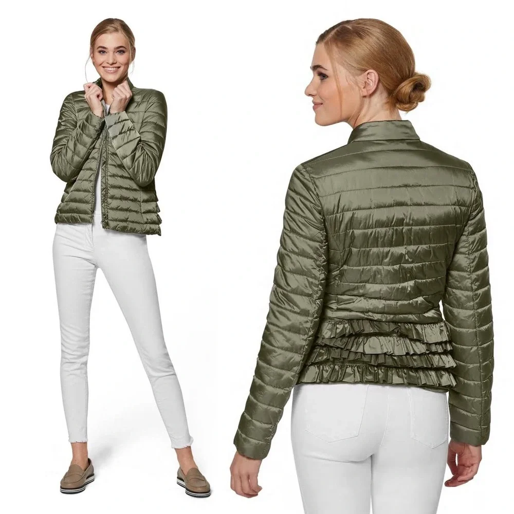 NWOT Madeleine Quilted Jacket Sage‎ Green Size 16 Puffer Full Zip Ruffle Back